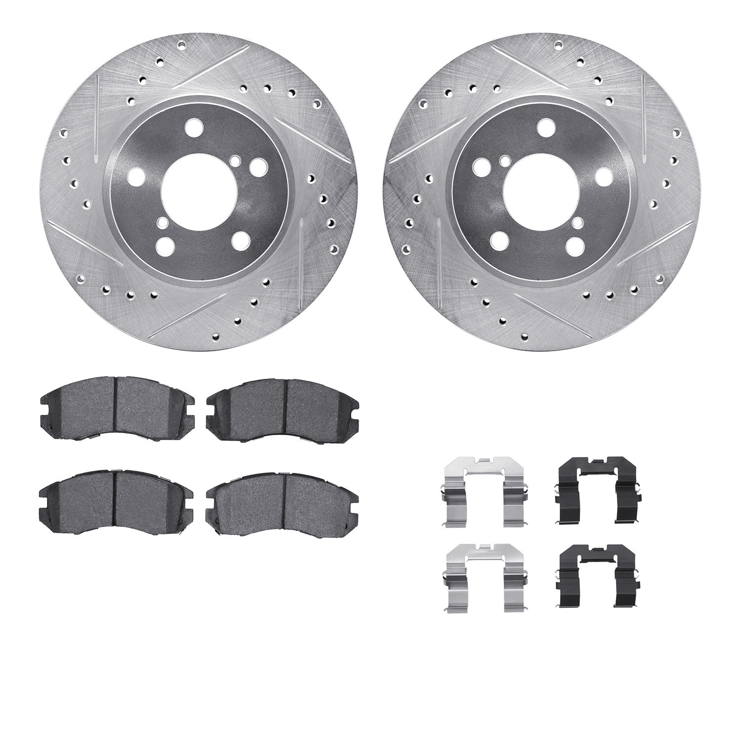 WGUH1-13006 Front Brake Disc and Pad Kit, Silver zinc-plated, Cross-drilled and Slotted, 279 mm, OE Comparable Pad Material, R1 eLINE Silver Rotors wtih Optimum OEp Pads Series