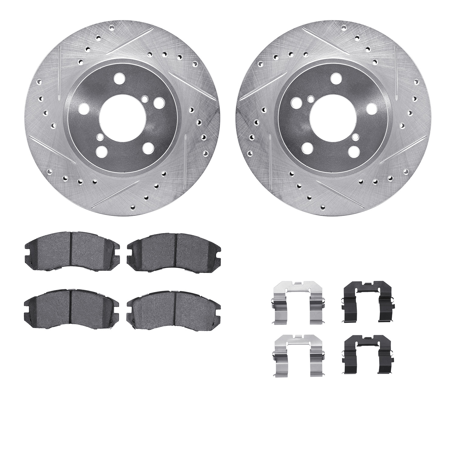 WGUH1-13006 Front Brake Disc and Pad Kit, Silver zinc-plated, Cross-drilled and Slotted, 279 mm, OE Comparable Pad Material, R1 eLINE Silver Rotors wtih Optimum OEp Pads Series