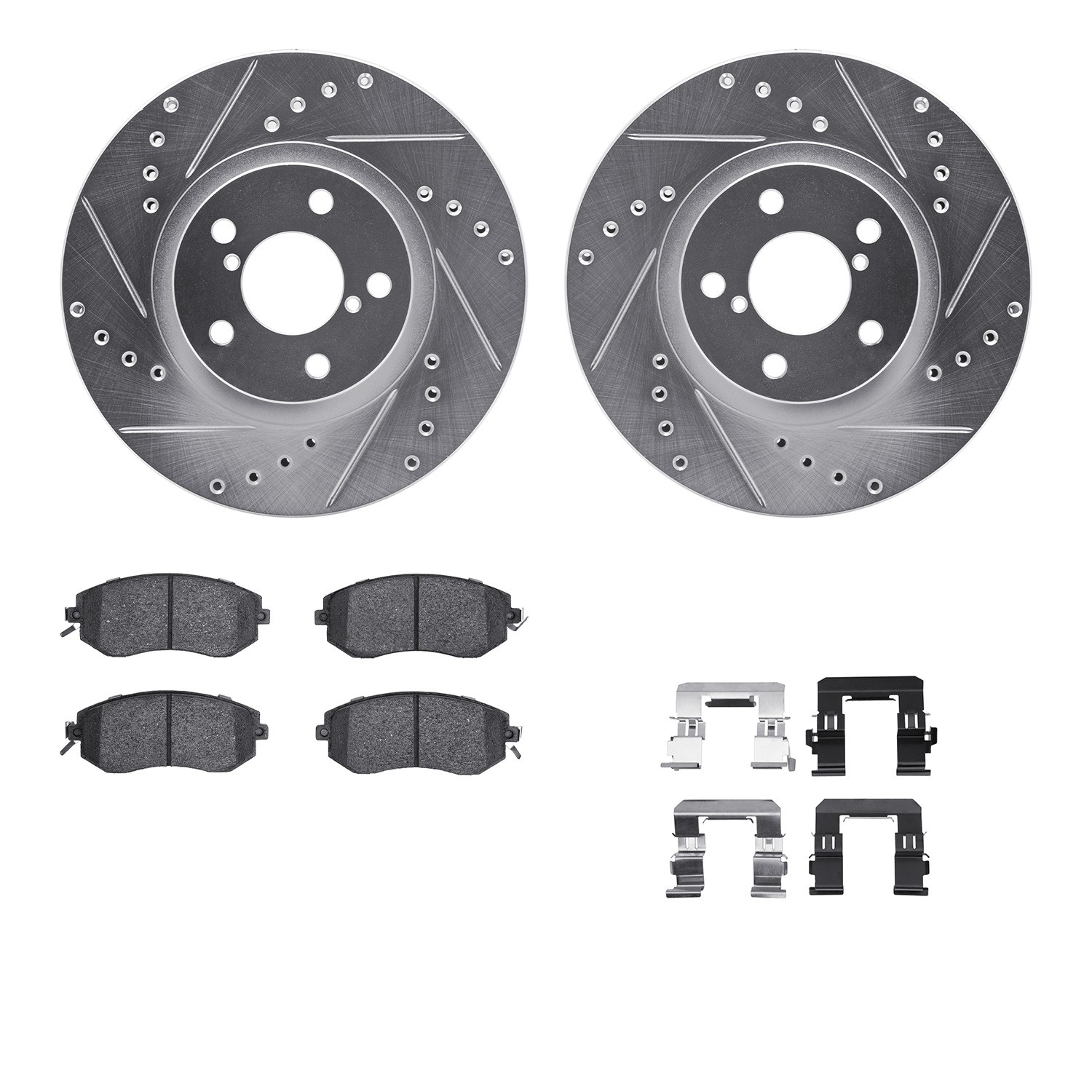 WGUH1-13011 Front Brake Disc and Pad Kit, Silver zinc-plated, Cross-drilled and Slotted, 279 mm, OE Comparable Pad Material, R1 eLINE Silver Rotors wtih Optimum OEp Pads Series
