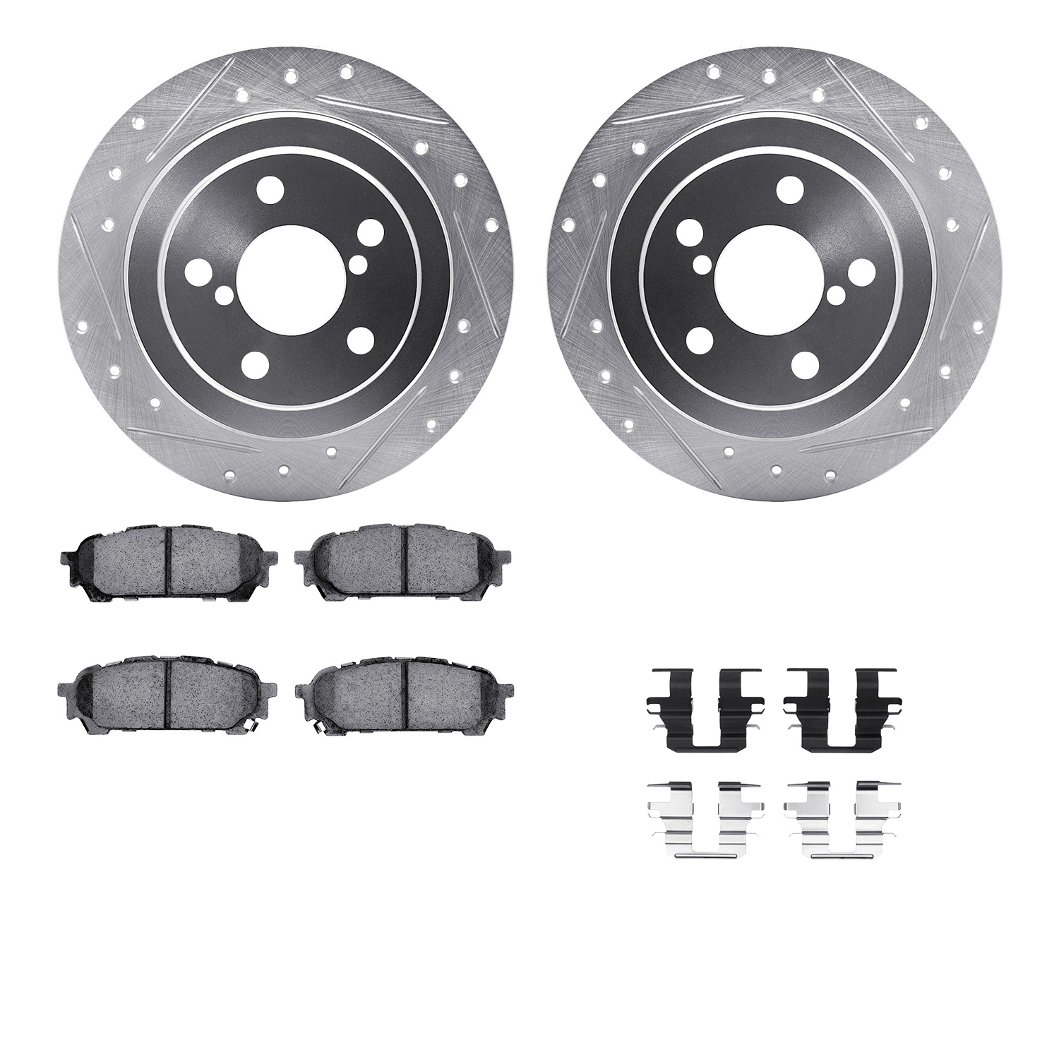 WGUH1-13036 Rear Brake Disc and Pad Kit, Silver zinc-plated, Cross-drilled and Slotted, 279 mm, OE Comparable Pad Material, R1 eLINE Silver Rotors wtih Optimum OEp Pads Series
