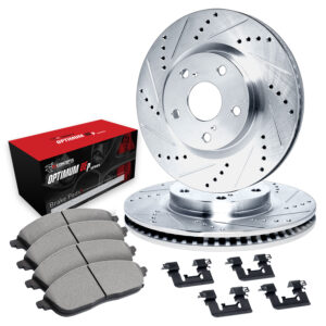 WGUH1-13039 Rear Brake Disc and Pad Kit, Silver zinc-plated, Cross-drilled and Slotted, 305 mm, OE Comparable Pad Material, R1 eLINE Silver Rotors wtih Optimum OEp Pads Series