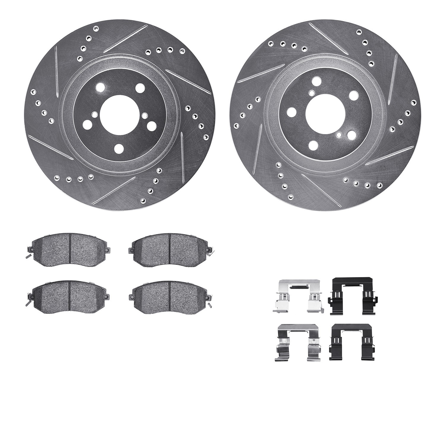 WGUH1-13051 Front Brake Disc and Pad Kit, Silver zinc-plated, Cross-drilled and Slotted, 305 mm, OE Comparable Pad Material, R1 eLINE Silver Rotors wtih Optimum OEp Pads Series