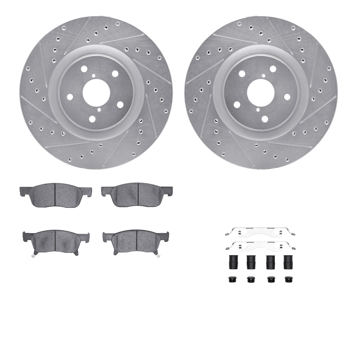 WGUH1-13052 Front Brake Disc and Pad Kit, Silver zinc-plated, Cross-drilled and Slotted, 333 mm, OE Comparable Pad Material, R1 eLINE Silver Rotors wtih Optimum OEp Pads Series
