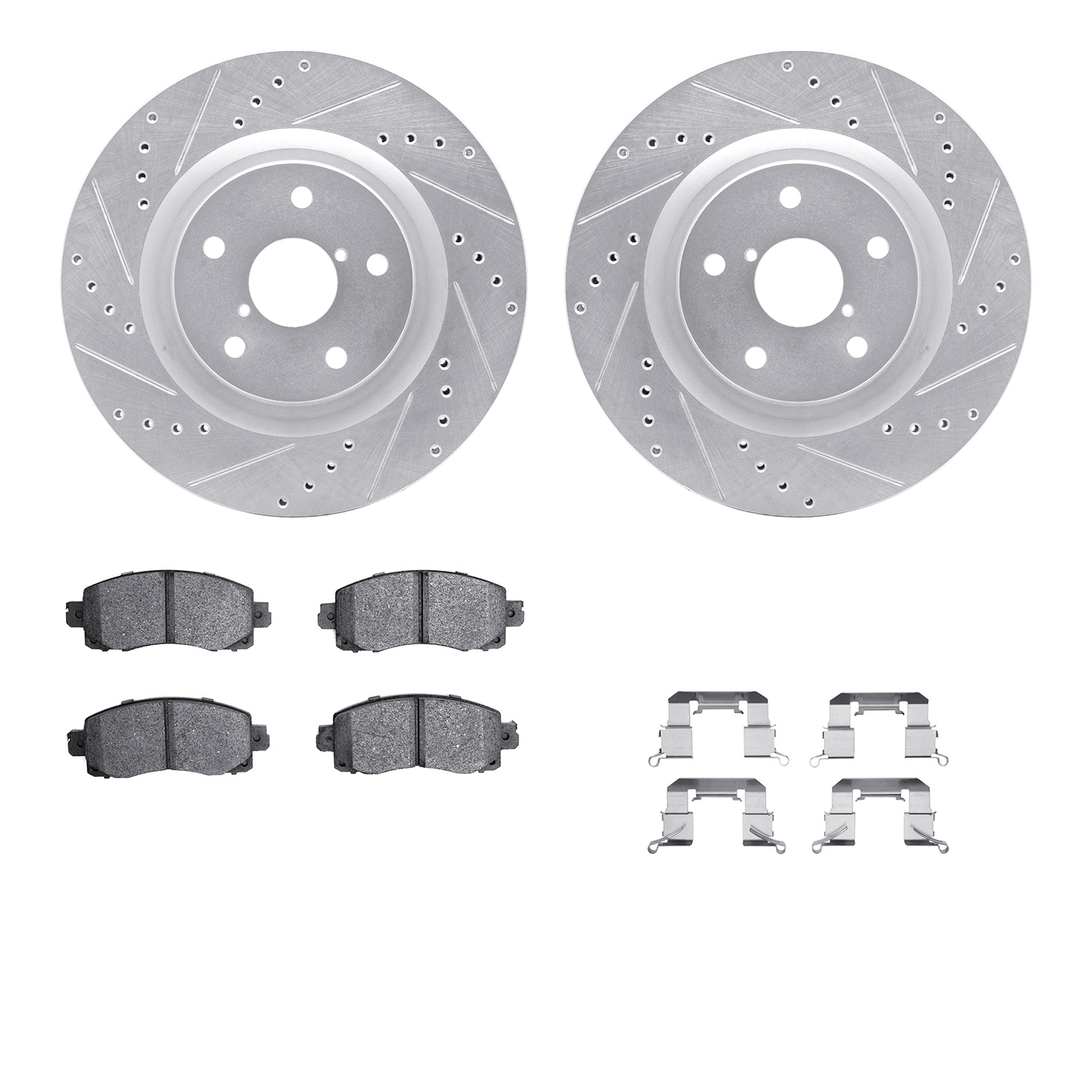 WGUH1-13054 Front Brake Disc and Pad Kit, Silver zinc-plated, Cross-drilled and Slotted, 330 mm, OE Comparable Pad Material, R1 eLINE Silver Rotors wtih Optimum OEp Pads Series