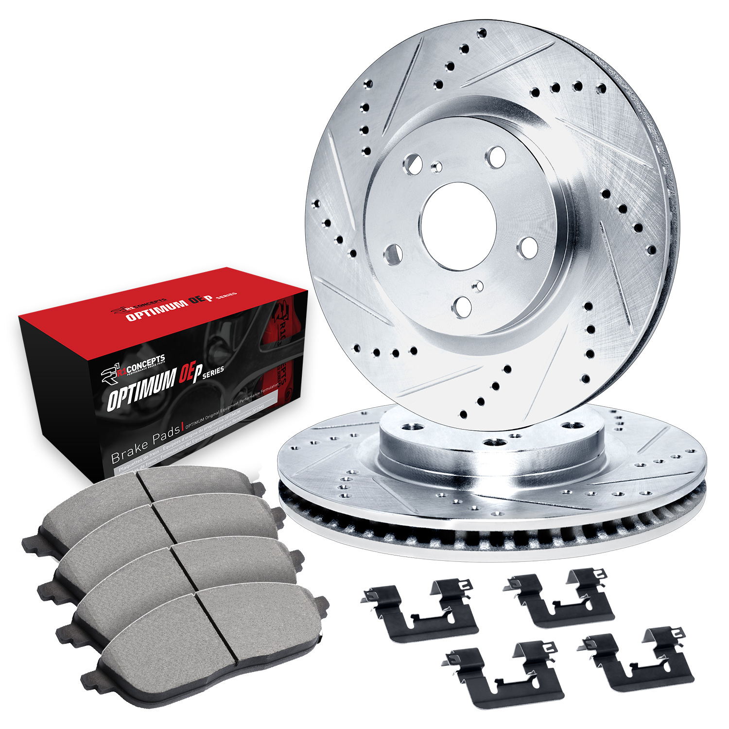 WGUH1-13058 Front Brake Disc and Pad Kit, Silver zinc-plated, Cross-drilled and Slotted, 316 mm, OE Comparable Pad Material, R1 eLINE Silver Rotors wtih Optimum OEp Pads Series