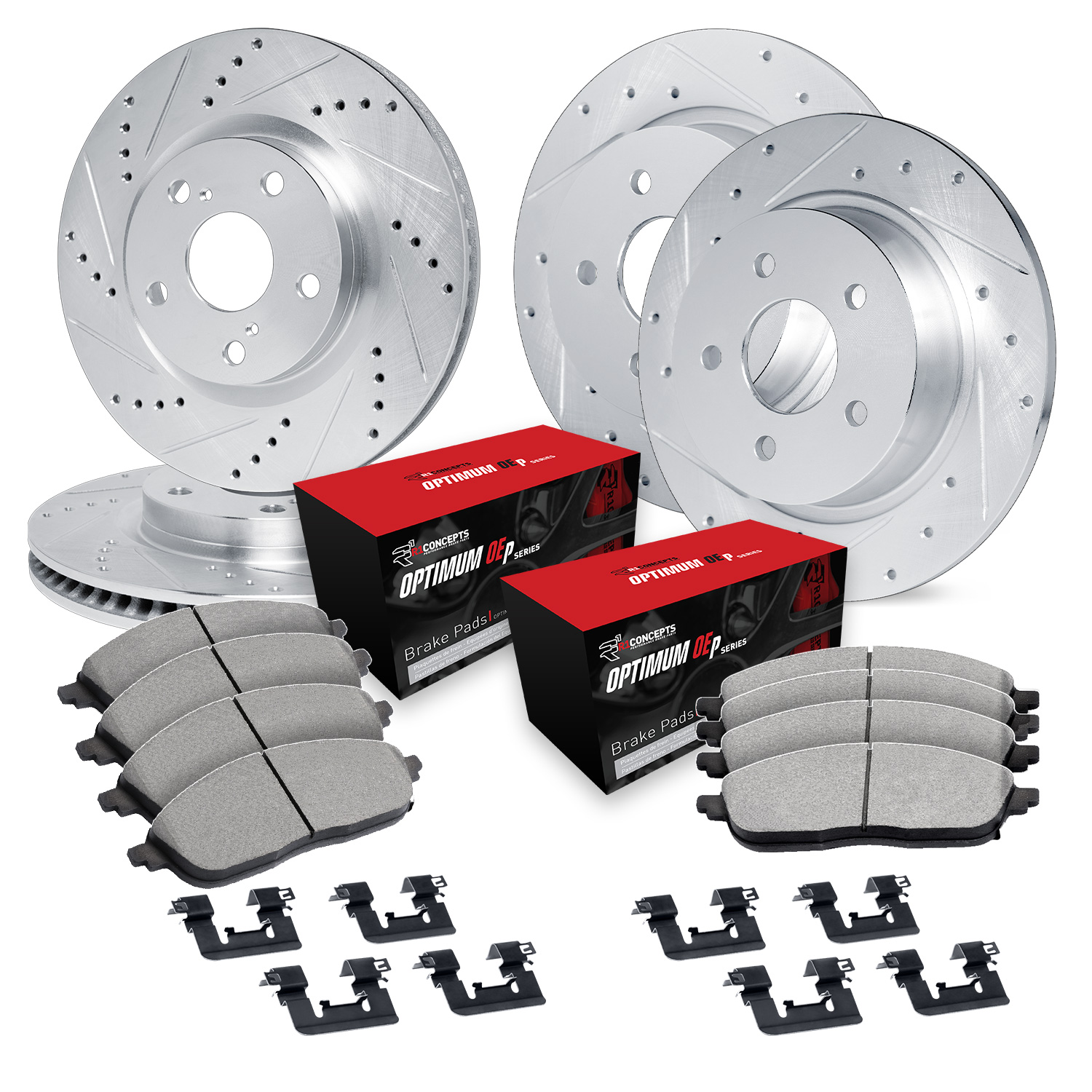 WGUH2-13003 Front and Rear Brake Disc and Pad Kit, Silver zinc-plated, Cross-drilled and Slotted, Front - 279 mm, Rear - 295 mm, OE Comparable Pad Material, R1 eLINE Silver...