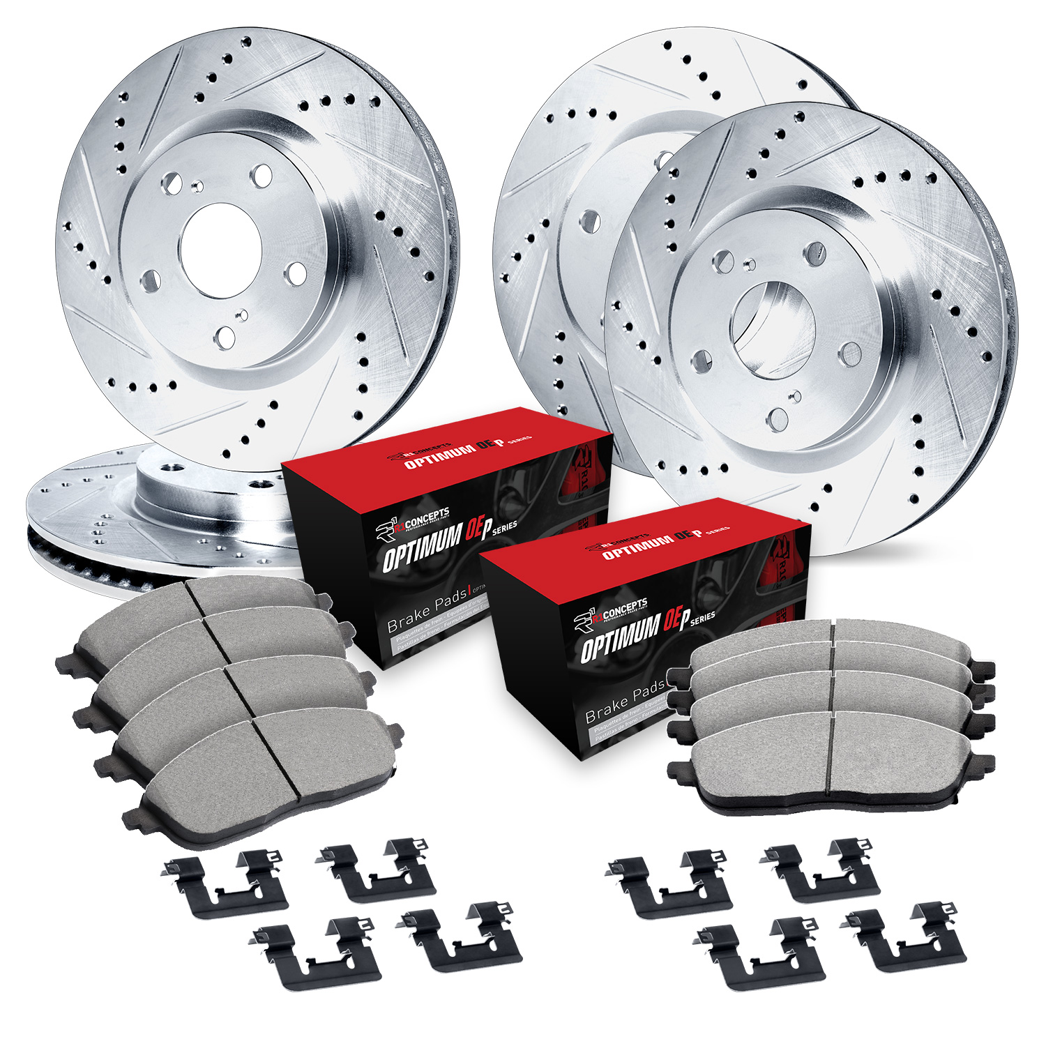 WGUH2-13025 Front and Rear Brake Disc and Pad Kit, Silver zinc-plated, Cross-drilled and Slotted, 305 mm, OE Comparable Pad Material, R1 eLINE Silver Rotors wtih Optimum OEp...