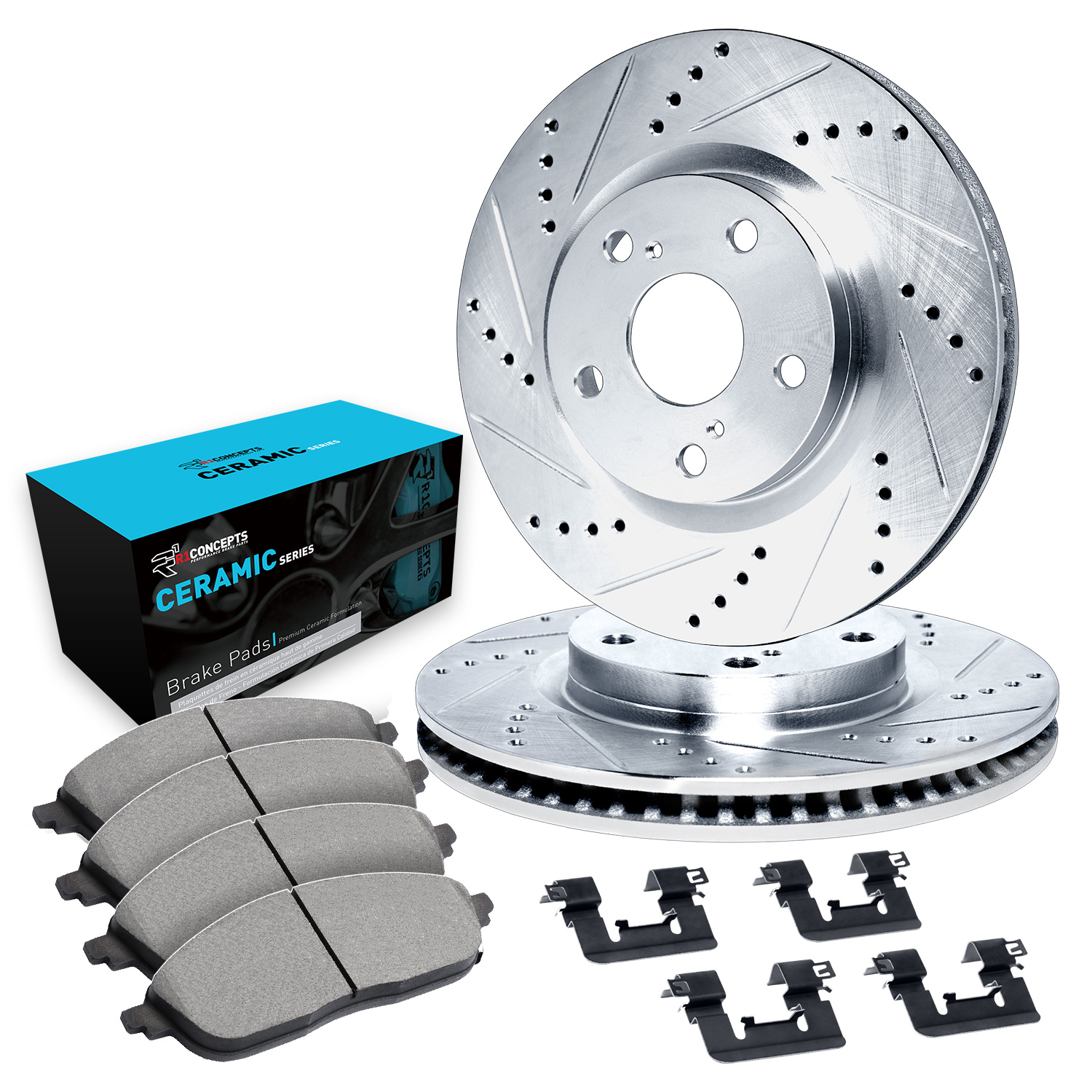 WGWH1-13037 Front Brake Disc and Pad Kit, Silver zinc-plated, Cross-drilled and Slotted, 330 mm, Ceramic, R1 eLINE Silver Rotors with Ceramic Pads Series