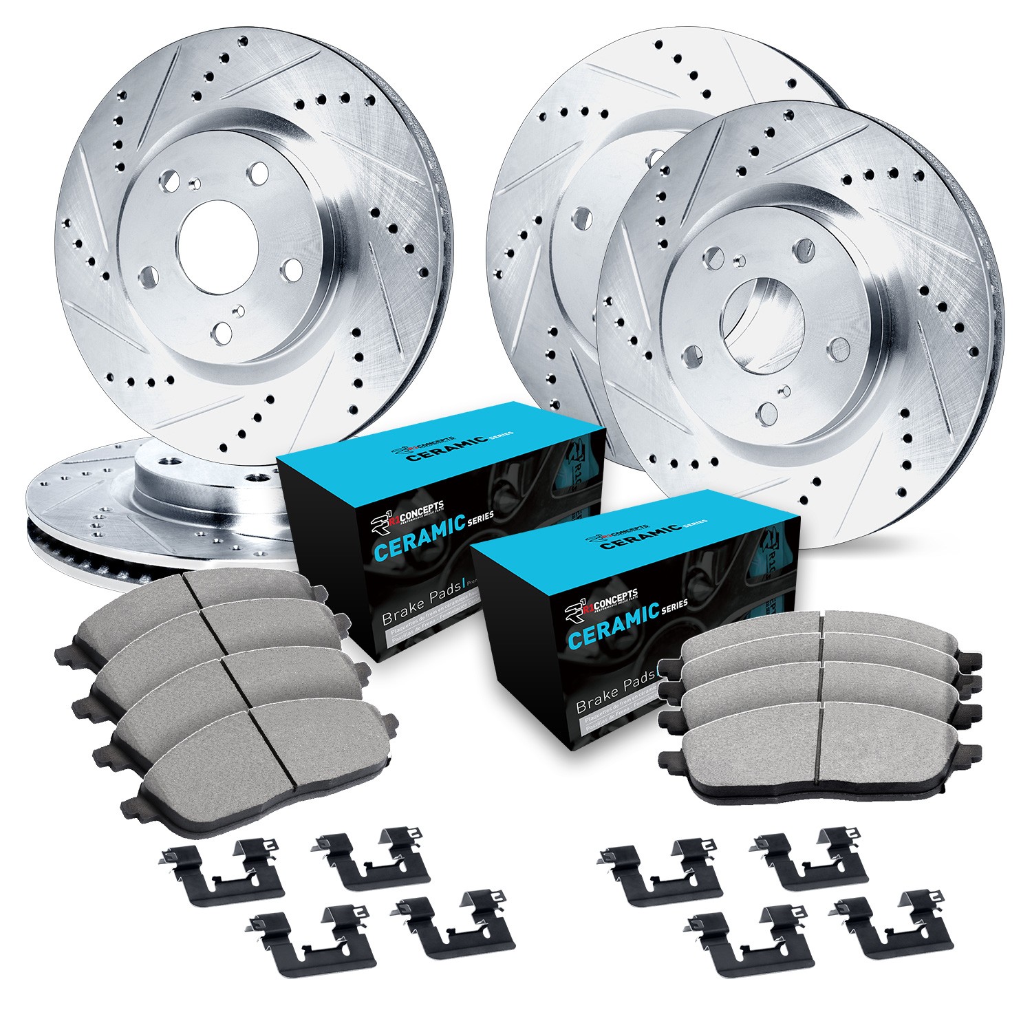 WGWH2-13037 Front and Rear Brake Disc and Pad Kit, Silver zinc-plated, Cross-drilled and Slotted, 330 mm, Ceramic, R1 eLINE Silver Rotors with Ceramic Pads Series