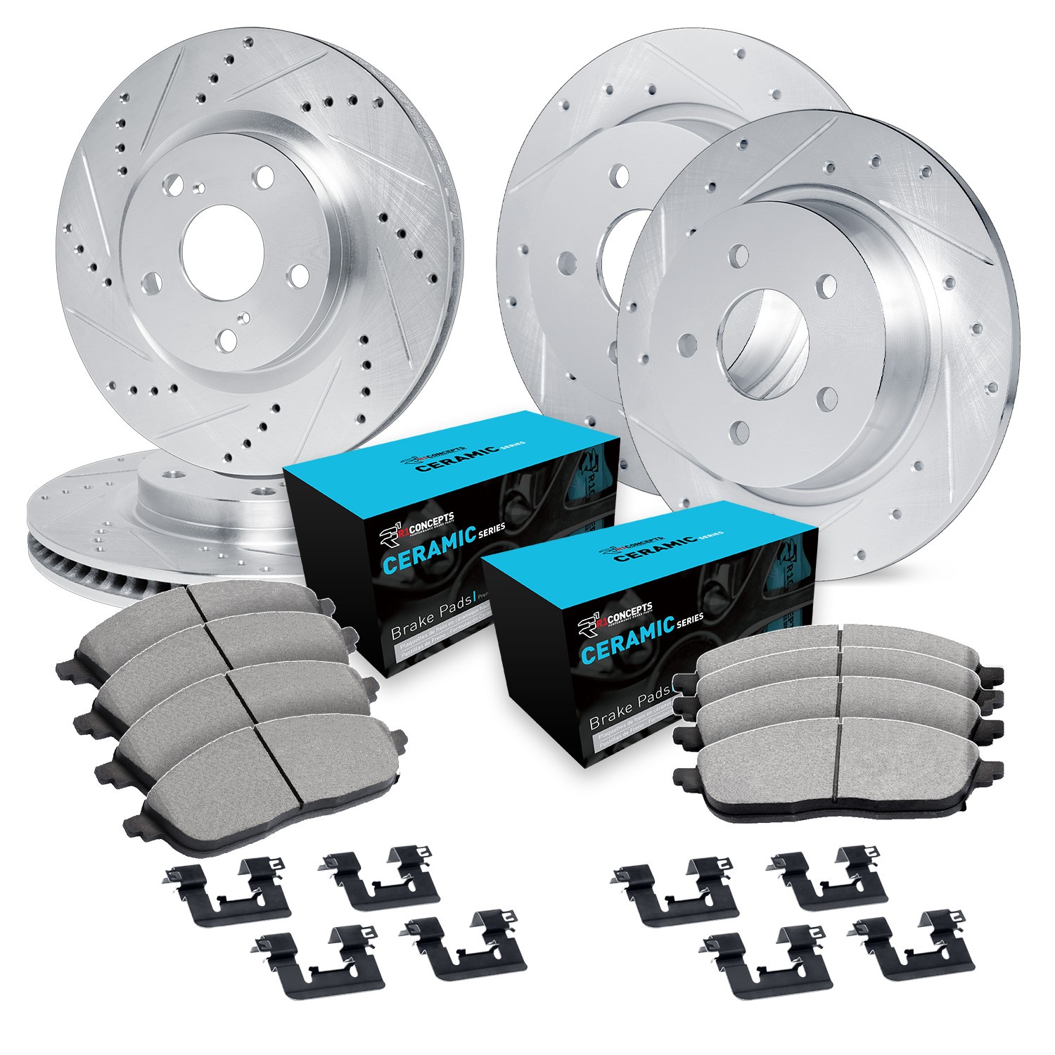 WGWH2-13044 Front and Rear Brake Disc and Pad Kit, Silver zinc-plated, Cross-drilled and Slotted, Front - 279 mm, Rear - 284 mm, Ceramic, R1 eLINE Silver Rotors with Ceramic...