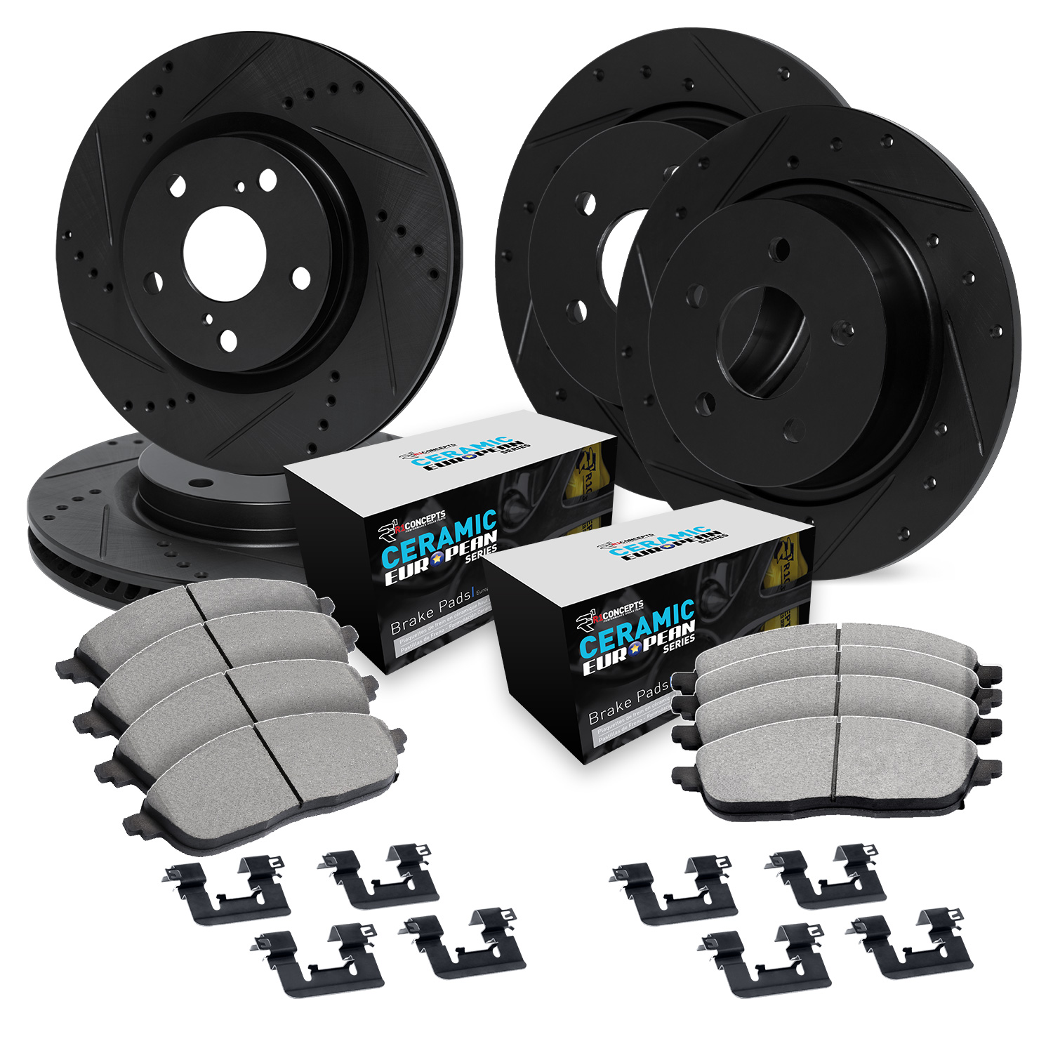 WHTH2-13000 Front and Rear Brake Disc and Pad Kit, Black, Cross-drilled and Slotted, Front - 305 mm, Rear - 279 mm, Ceramic, R1 eLINE Black Rotors with European Ceramic Pads Series