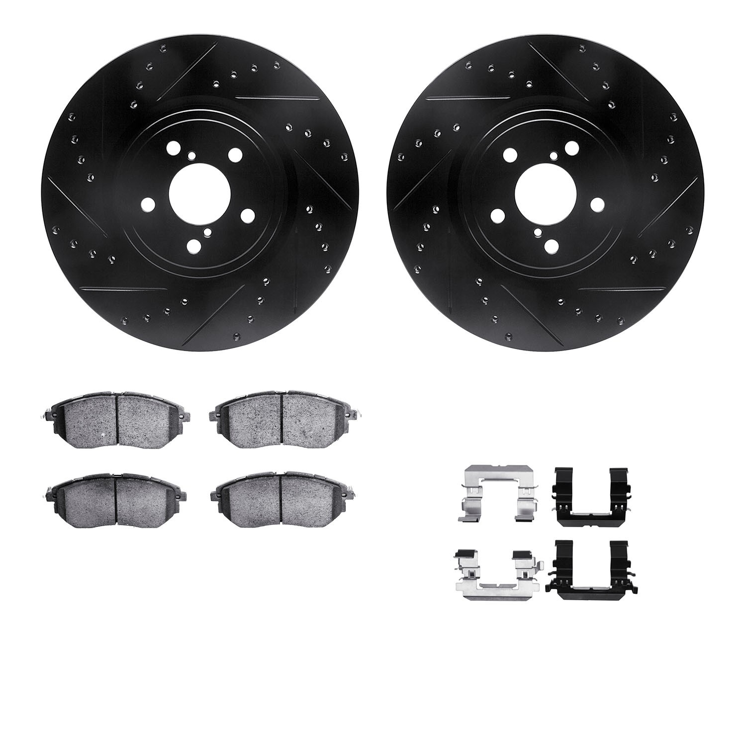 WHUH1-13037 Front Brake Disc and Pad Kit, Black, Cross-drilled and Slotted, 330 mm, OE Comparable Pad Material, R1 eLINE Black Rotors with Optimum OEp Pads Series
