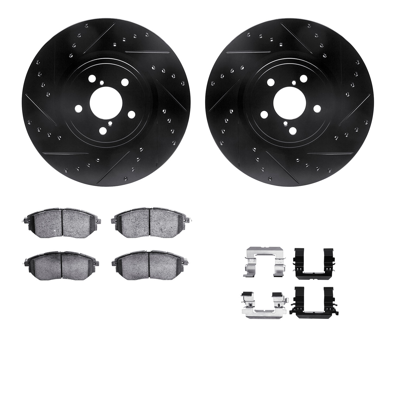 WHUH1-13037 Front Brake Disc and Pad Kit, Black, Cross-drilled and Slotted, 330 mm, OE Comparable Pad Material, R1 eLINE Black Rotors with Optimum OEp Pads Series
