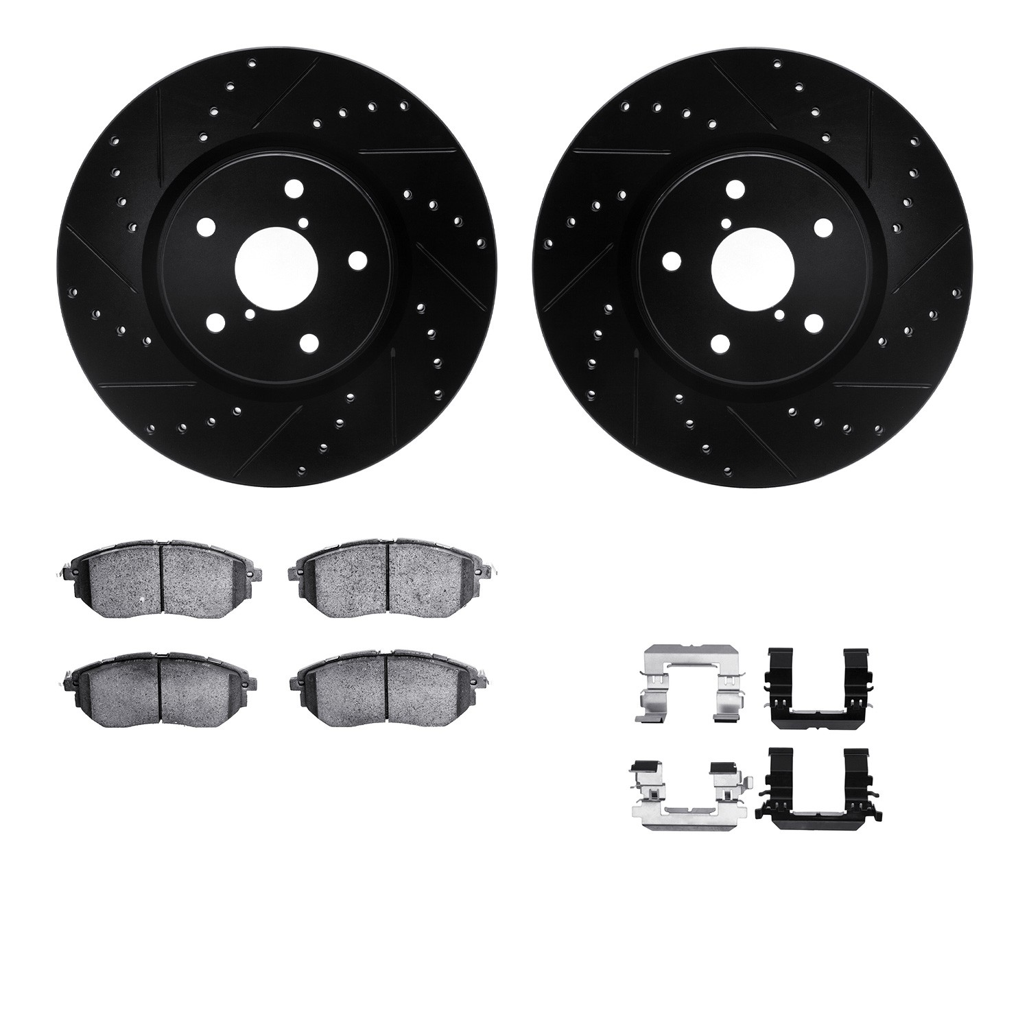 WHUH1-13038 Front Brake Disc and Pad Kit, Black, Cross-drilled and Slotted, 330 mm, OE Comparable Pad Material, R1 eLINE Black Rotors with Optimum OEp Pads Series