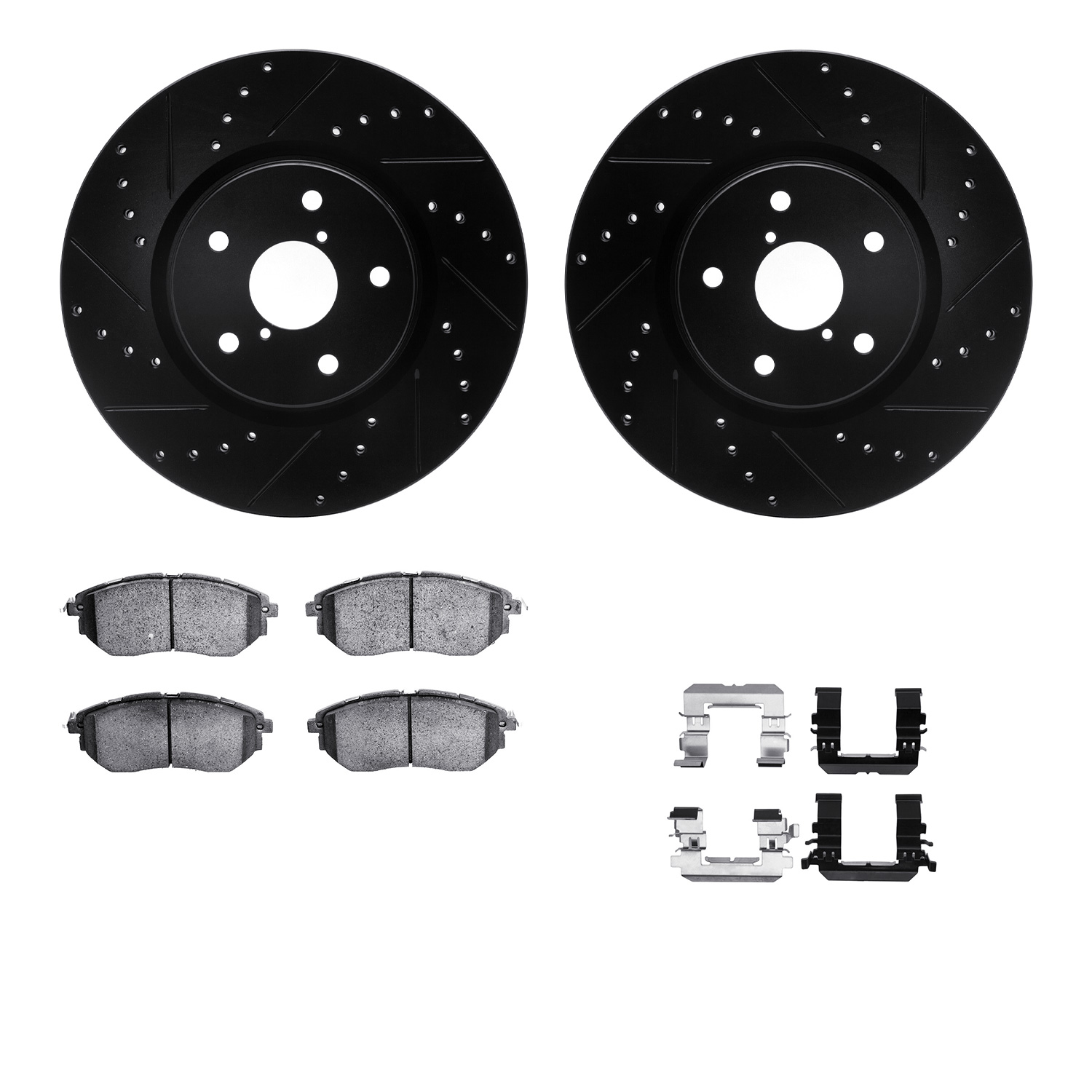 WHUH1-13038 Front Brake Disc and Pad Kit, Black, Cross-drilled and Slotted, 330 mm, OE Comparable Pad Material, R1 eLINE Black Rotors with Optimum OEp Pads Series