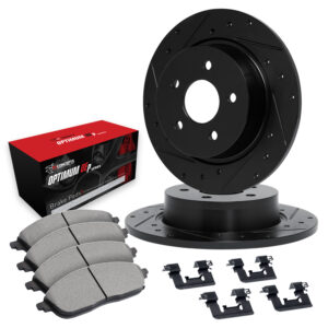 WHUH1-13043 Rear Brake Disc and Pad Kit, Black, Cross-drilled and Slotted, 284 mm, OE Comparable Pad Material, R1 eLINE Black Rotors with Optimum OEp Pads Series