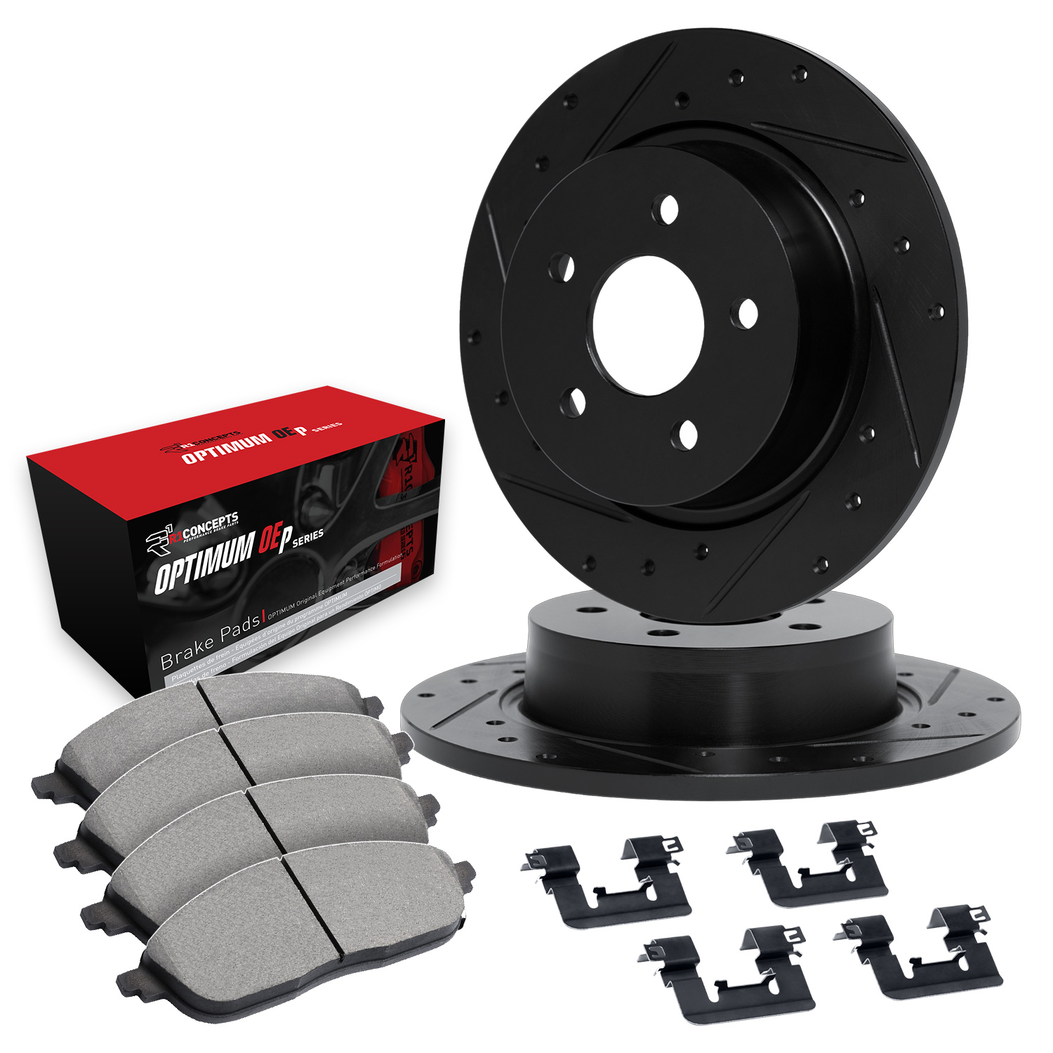 WHUH1-13043 Rear Brake Disc and Pad Kit, Black, Cross-drilled and Slotted, 284 mm, OE Comparable Pad Material, R1 eLINE Black Rotors with Optimum OEp Pads Series