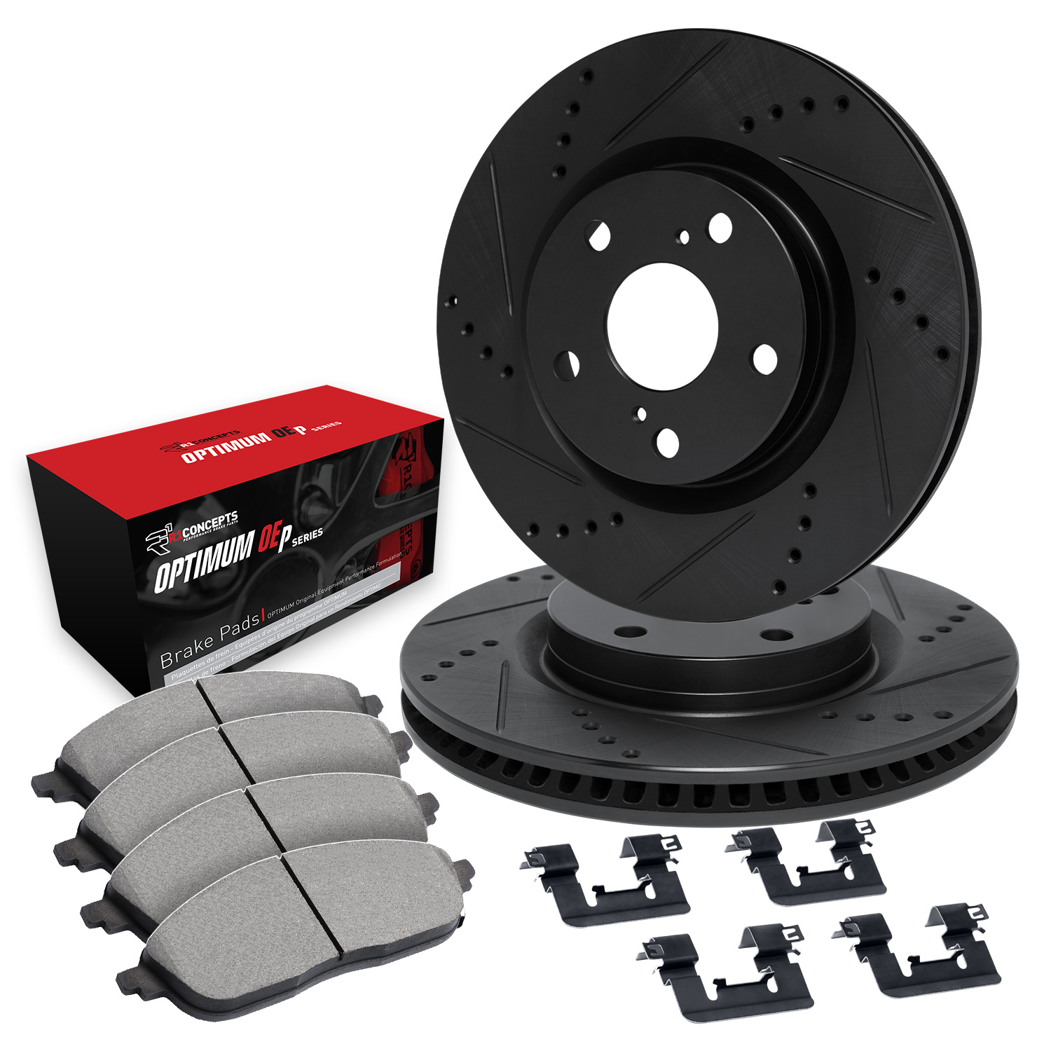 WHUH1-13220 Front Brake Disc and Pad Kit, Black, Cross-drilled and Slotted, 340 mm, OE Comparable Pad Material, R1 eLINE Black Rotors with Optimum OEp Pads Series