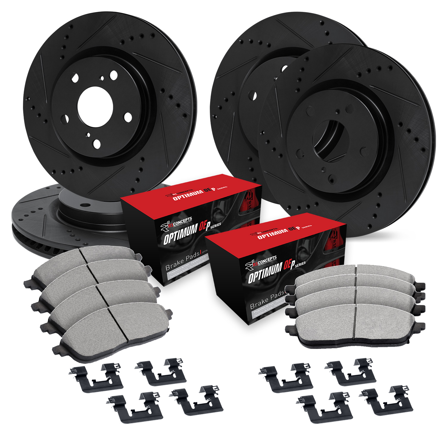 WHUH2-13024 Front and Rear Brake Disc and Pad Kit, Black, Cross-drilled and Slotted, Front - 330 mm, Rear - 305 mm, OE Comparable Pad Material, R1 eLINE Black Rotors with...