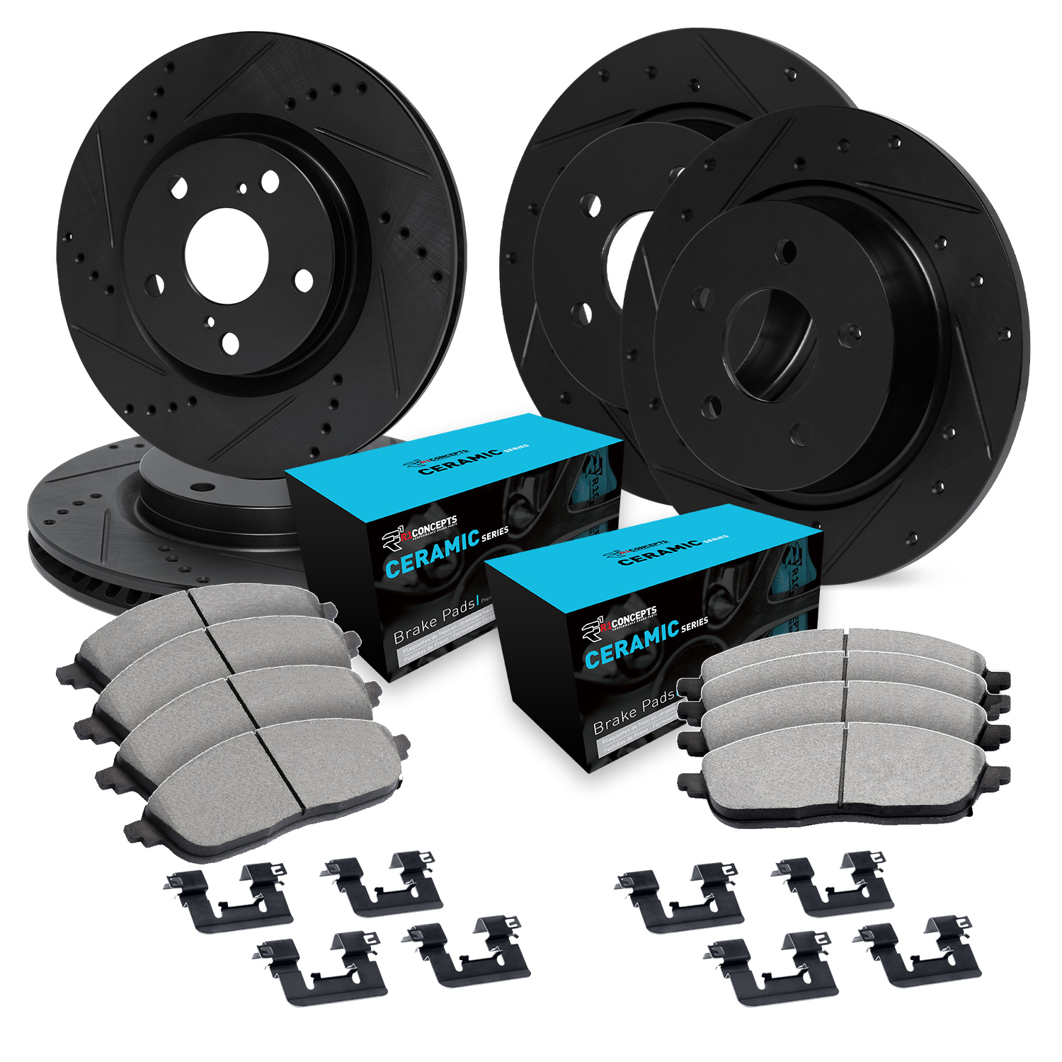 WHWH2-13011 Front and Rear Brake Disc and Pad Kit, Black, Cross-drilled and Slotted, 279 mm, Ceramic, R1 eLINE Black Rotors with Ceramic Pads Series